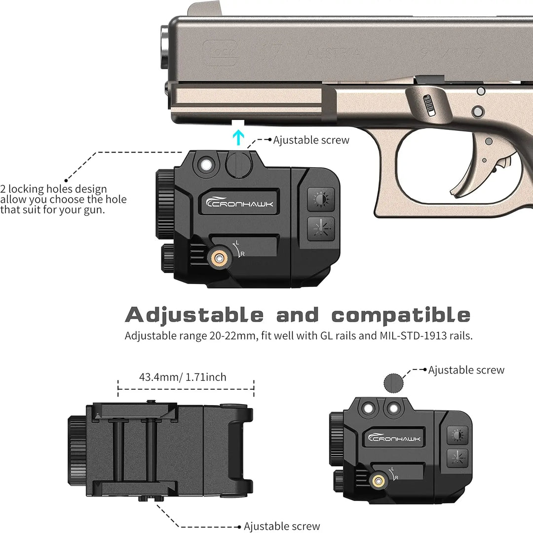 Tactical light attachment on a gun with adjustable features and compatibility details.