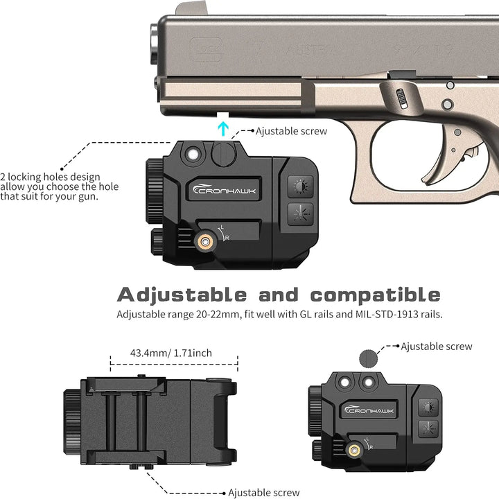 Tactical light attachment on a gun with adjustable features and compatibility details.