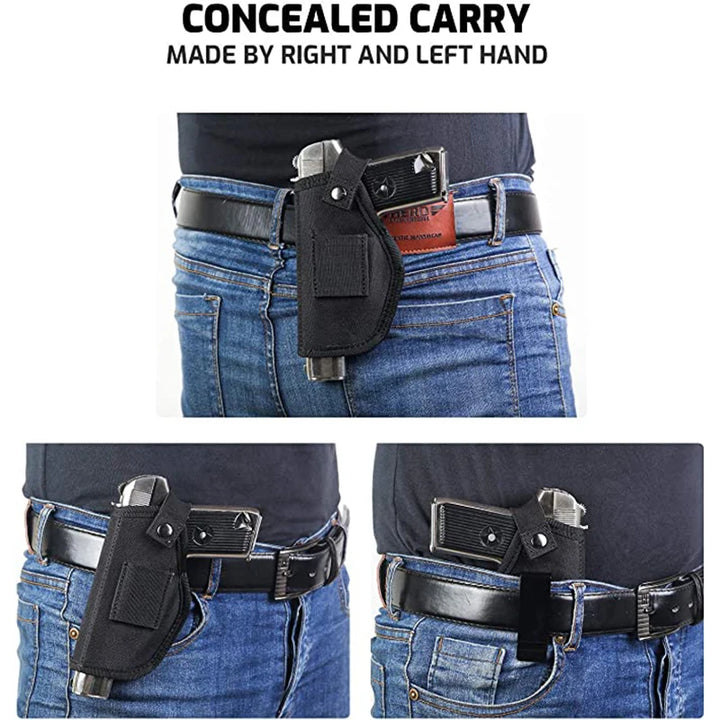 Concealed carry holsters worn by a person on different sides of the waist.