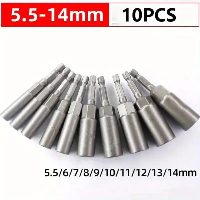 A set of six silver-colored magnetic screwdriver bit adapters in sizes ranging from 6mm to 17mm, displayed in a row with the shortest size furthest to the left and the largest furthest to the right. A inset image shows an electric drill using one of the adapters to drive a screw into a piece of wood.