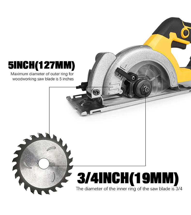 5 Inch Brushless Circular Saw Cordless Rechargeable Chainsaw Battery Set Woodworking One Hand Chainsaw For Dewalt 20V Battery product image showing features or usage
