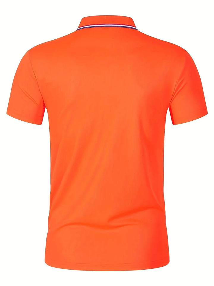 Back view of SmartGearPros men's breathable polyester polo shirt in vibrant orange color.