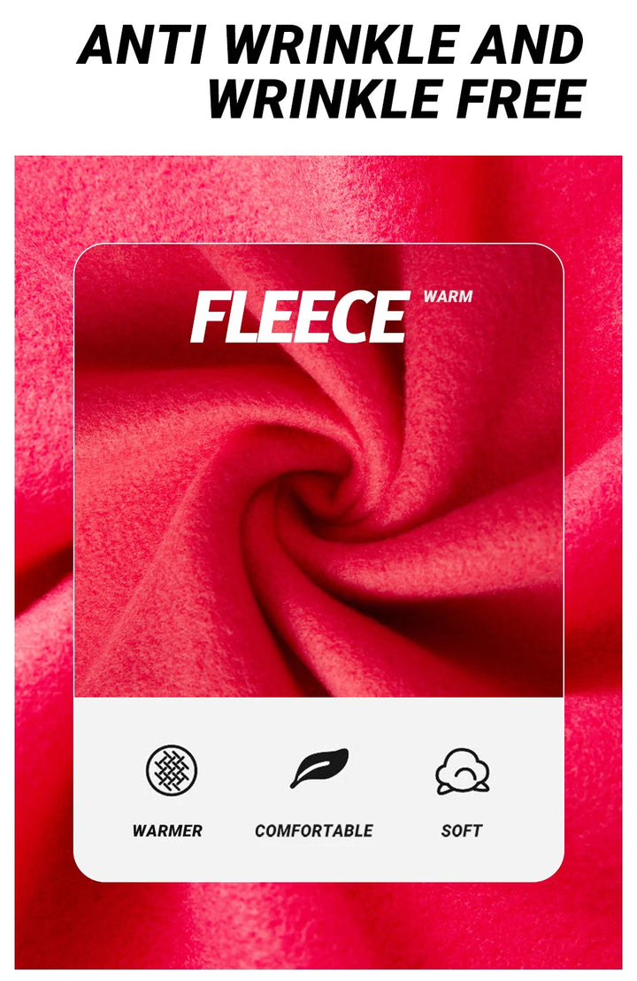Red fleece fabric with 'Fleece Warm' label and text about anti-wrinkle and wrinkle-free properties.