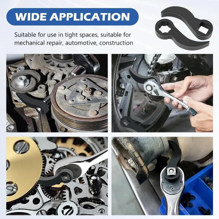Wrench tool in use on mechanical parts with text about wide application.