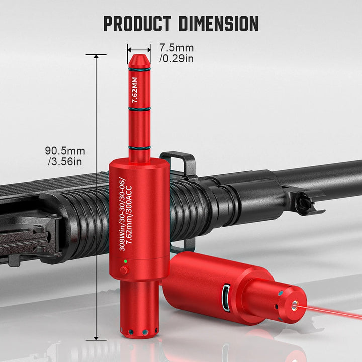 Red laser measurement device on a gun with dimensions displayed