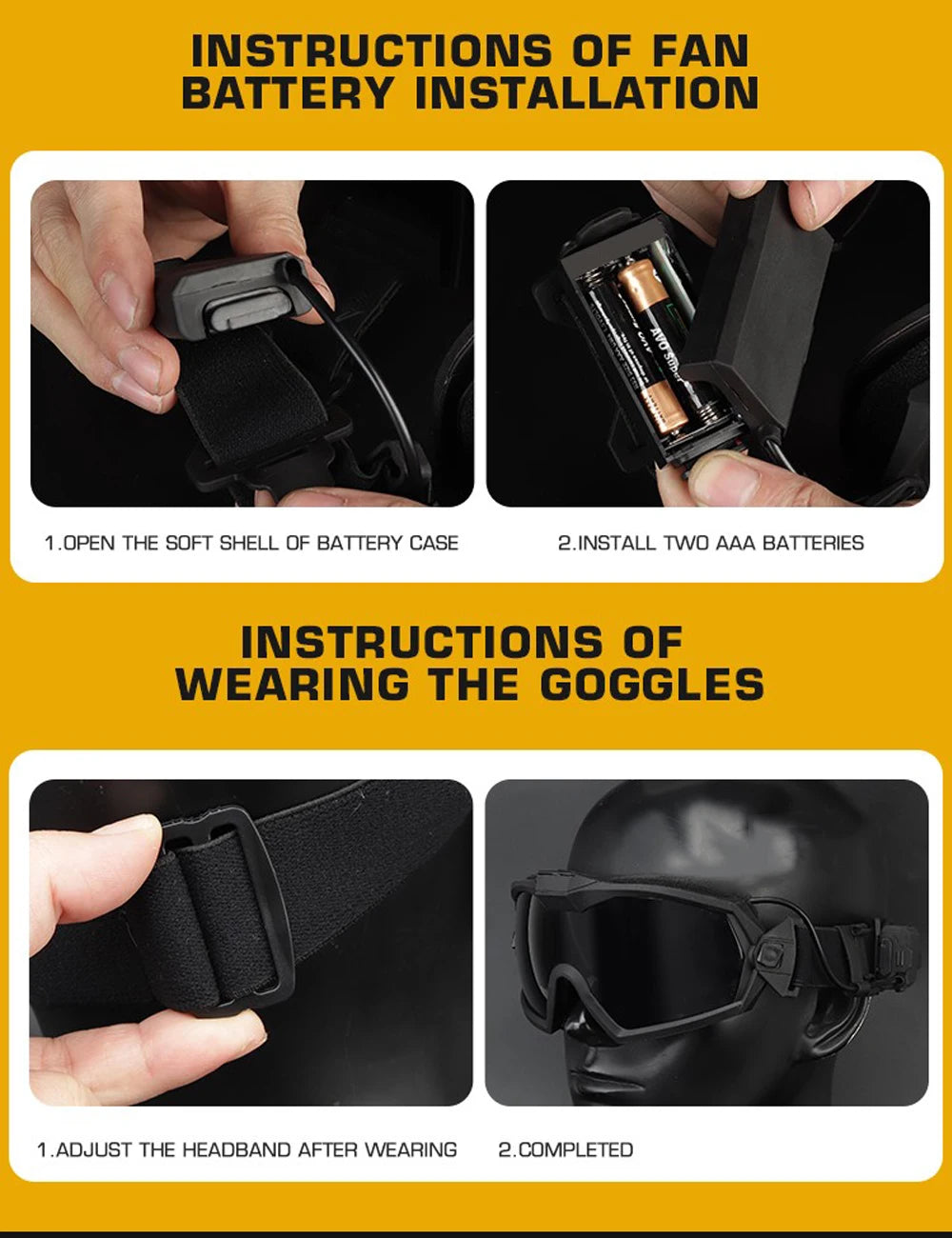 Instructions for installing a fan battery and wearing goggles on a yellow background
