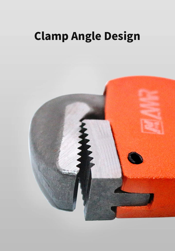 Close-up of a pipe wrench tool with 'RMR' branding and 'Clamp Angle Design' text on a gray background.