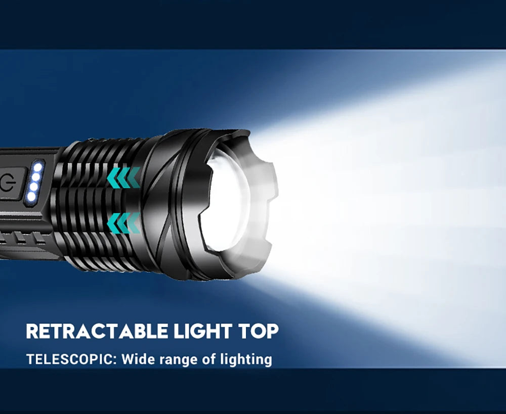 Powerful Xhp50 Led Flashlight Waterproof 18650 Torch With Side Light 7 Modes Camping Fishing Lantern Usb Rechargeable Zoom Lamp product image showing features or usage