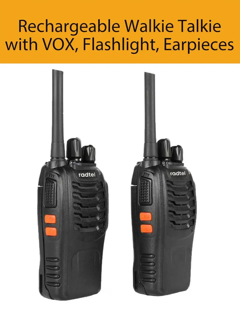 Two black walkie talkies with orange buttons on a white background, labeled 'Rechargeable Walkie Talkie with VOX, Flashlight, Earpieces'.