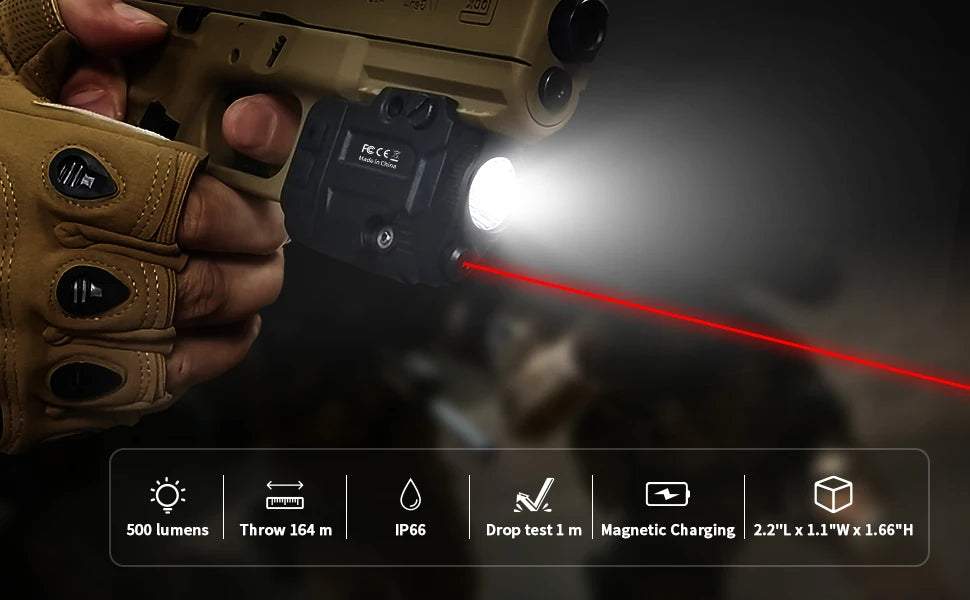 Hand holding a tactical flashlight with red laser pointer, dark background