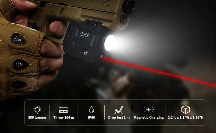 Hand holding a tactical flashlight with red laser pointer, dark background