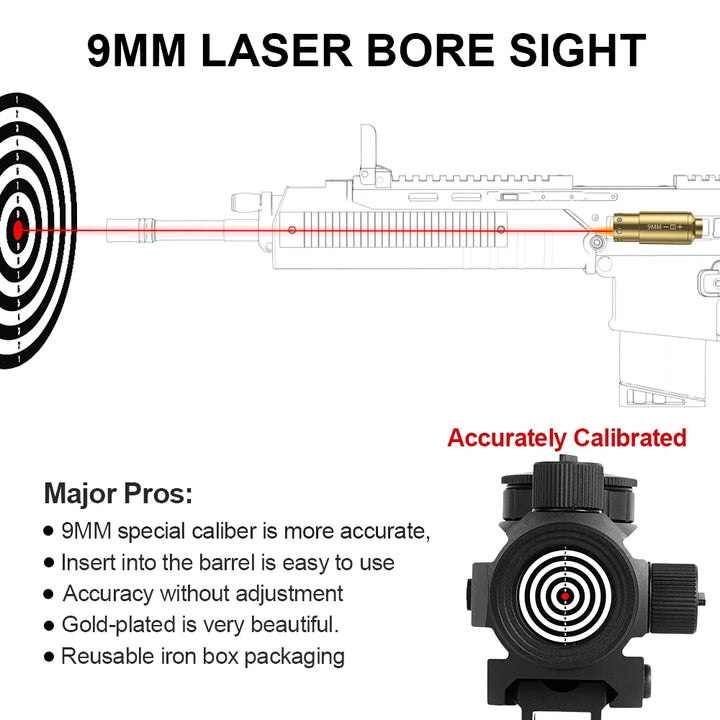 Diagram of a 9MM laser bore sight with target and scope illustration.
