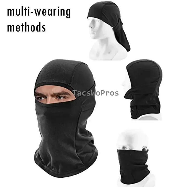 Black balaclava shown worn on a head, over a face, and as a wrist wrap with text 'multi-wearing methods' and 'TacShuPros'.