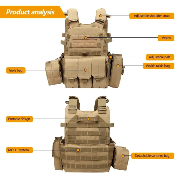 Tan tactical vest with labeled features on a white background