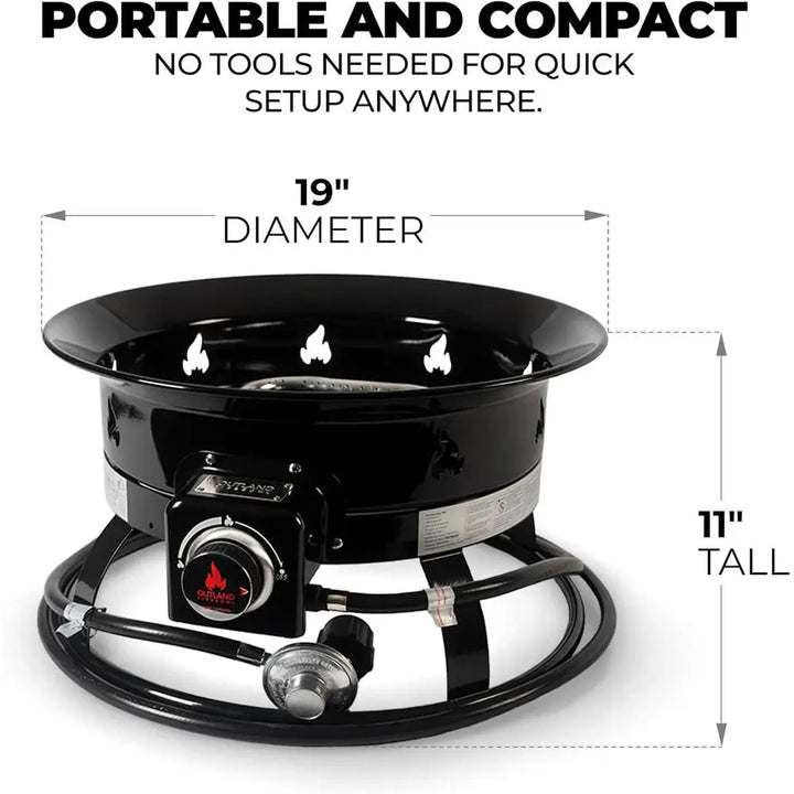 Portable gas stove with dimensions labeled on a white background
