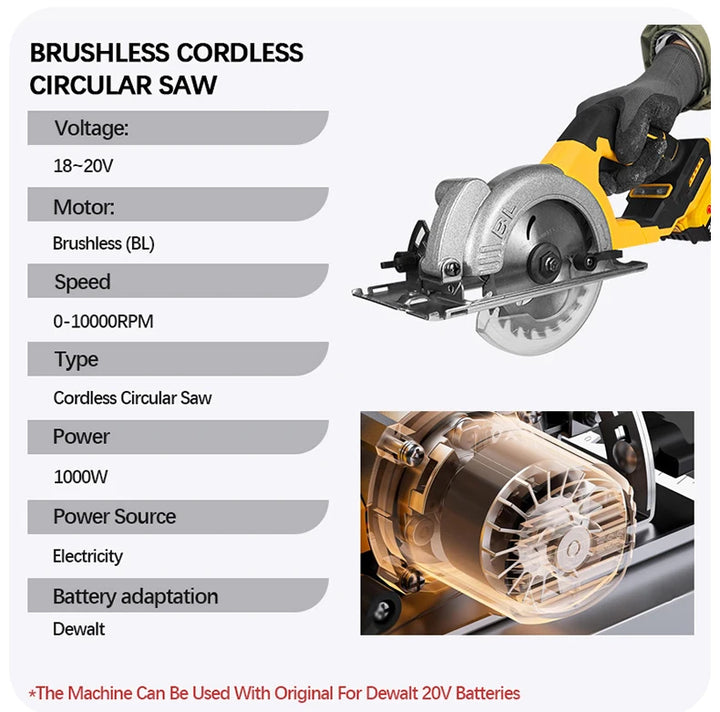 5 Inch Brushless Circular Saw Cordless Rechargeable Chainsaw Battery Set Woodworking One Hand Chainsaw For Dewalt 20V Battery product image showing features or usage