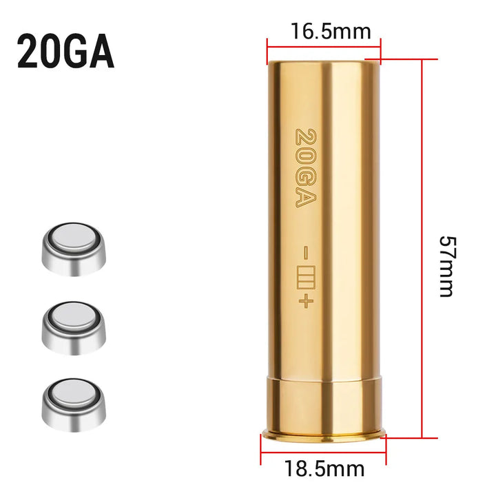 Gold shotgun shell with dimensions and battery icons on a white background