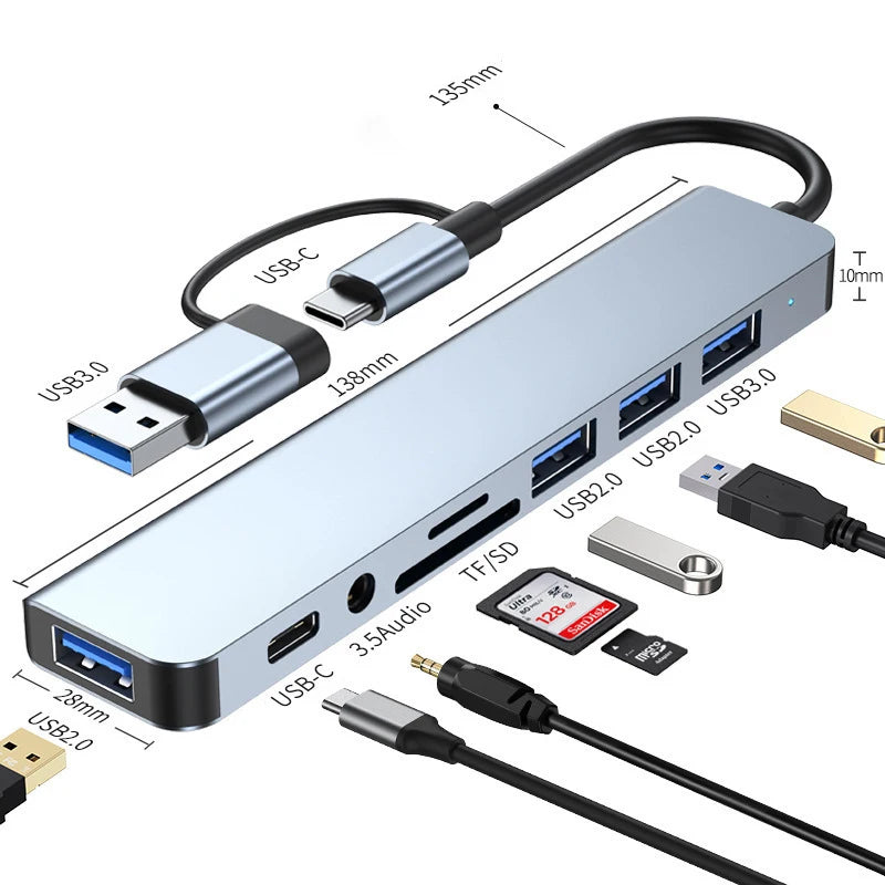 USB hub with various ports and cables on a white background