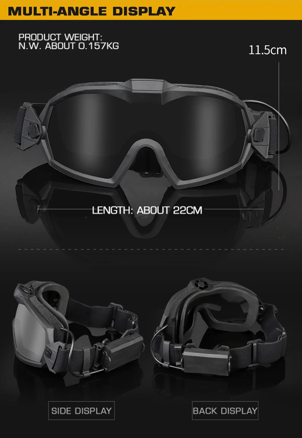 Black goggles with specifications on a dark background