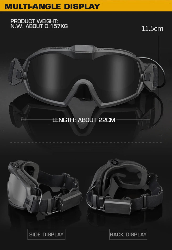 Black goggles with specifications on a dark background