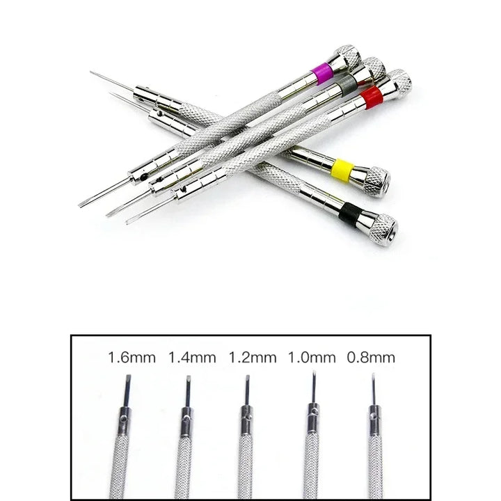 Five precision steel screwdrivers with color-coded heads neatly arranged on a clean wooden surface, alongside a yellow blister pack case showing the full 5-piece set with extra bits.
