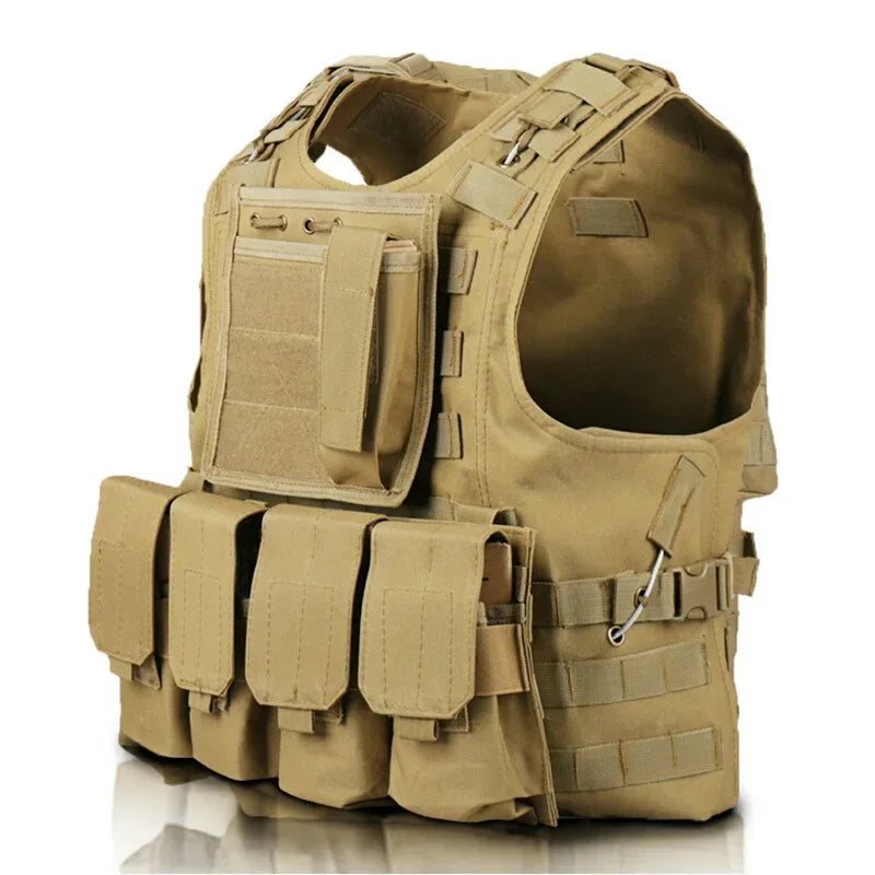 Tan tactical vest with multiple pockets and straps on a white background