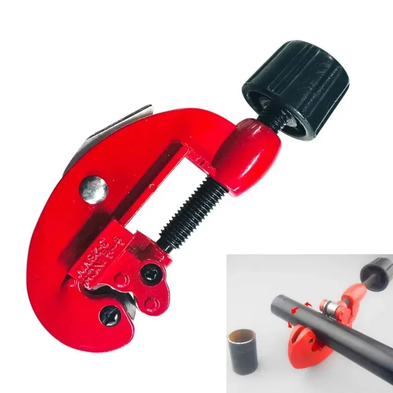 Red pipe cutter with black handle on a white background