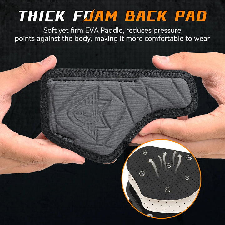 Gray thick foam back pad held by hands with product details on a black background