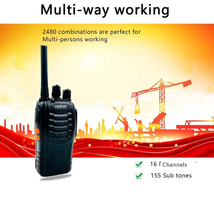 Black walkie-talkie with construction site background and text about multi-way working capabilities.