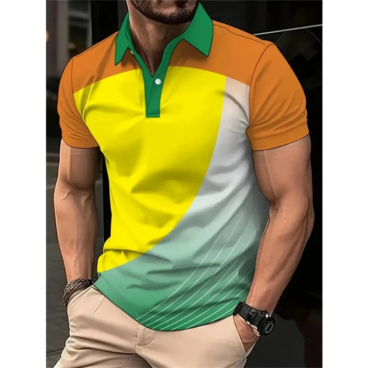 SmartGearPros 3D Printed Colorful Striped Polo Shirt – Geometric Pattern