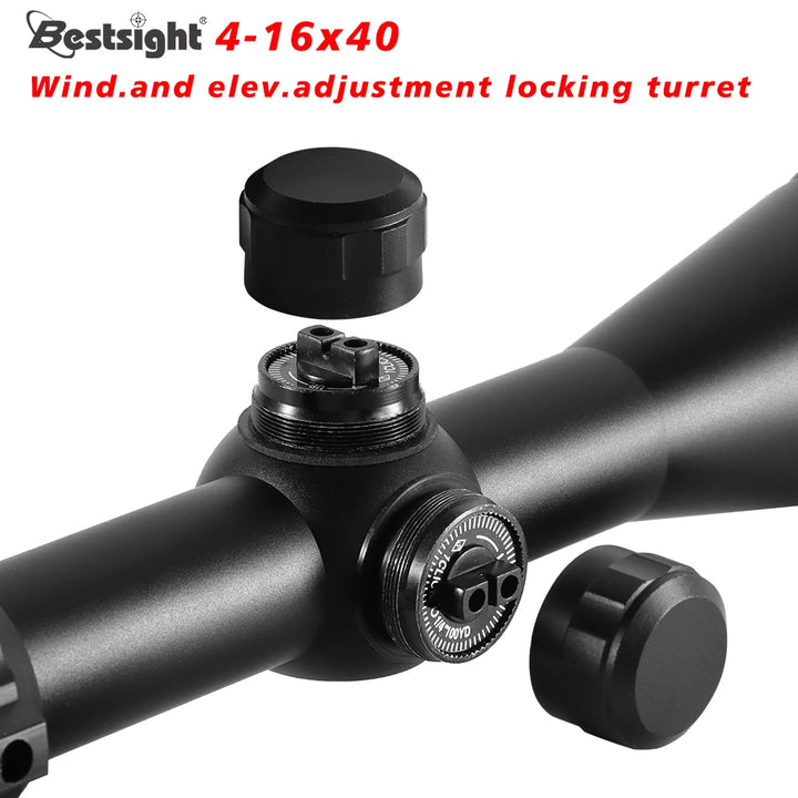 Black rifle scope with adjustable components on a white background, featuring the brand 'Bestsight'.