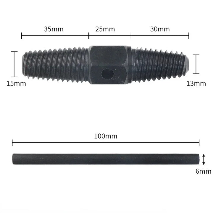 Black threaded rod with measurements on a white background