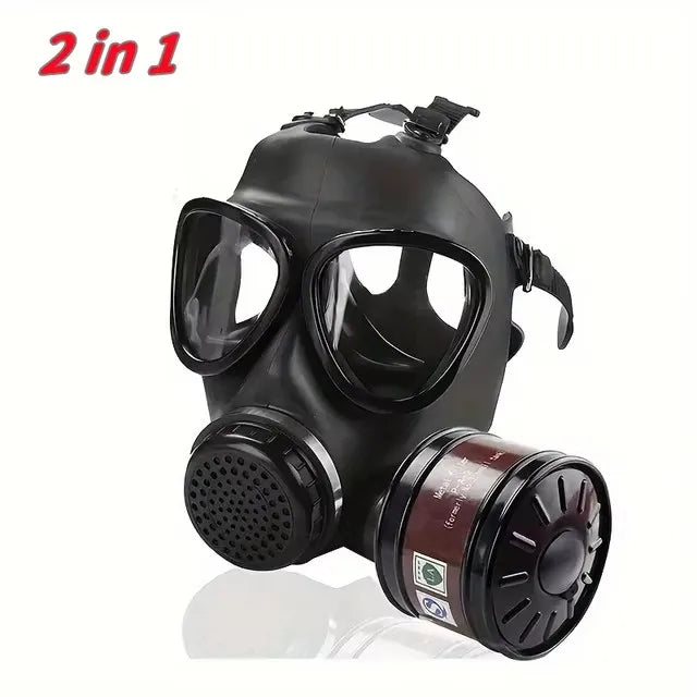 Black gas mask with filter on a white background