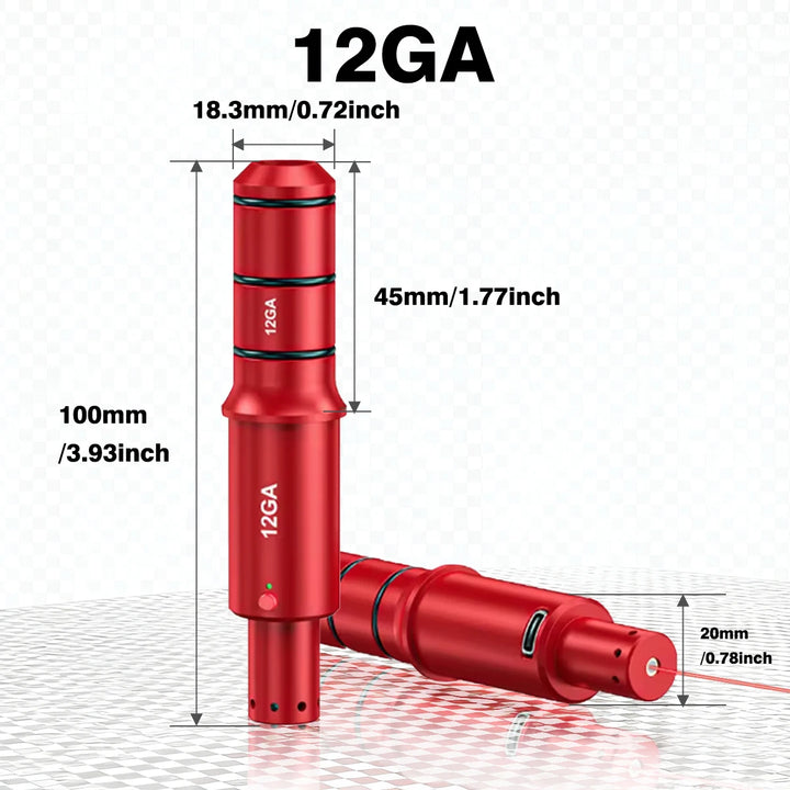 Red cylindrical tool with measurements labeled on a white background