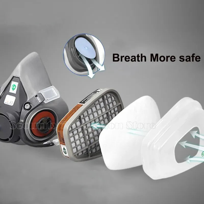 17-in-1 6200 Gas Mask Respirator mask with filter cartridges on a gray background, emphasizing breath safety.