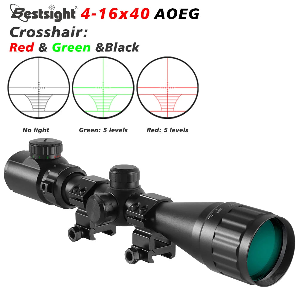 Bestsight 4-16x40 AOEG rifle scope with crosshair options on a white background