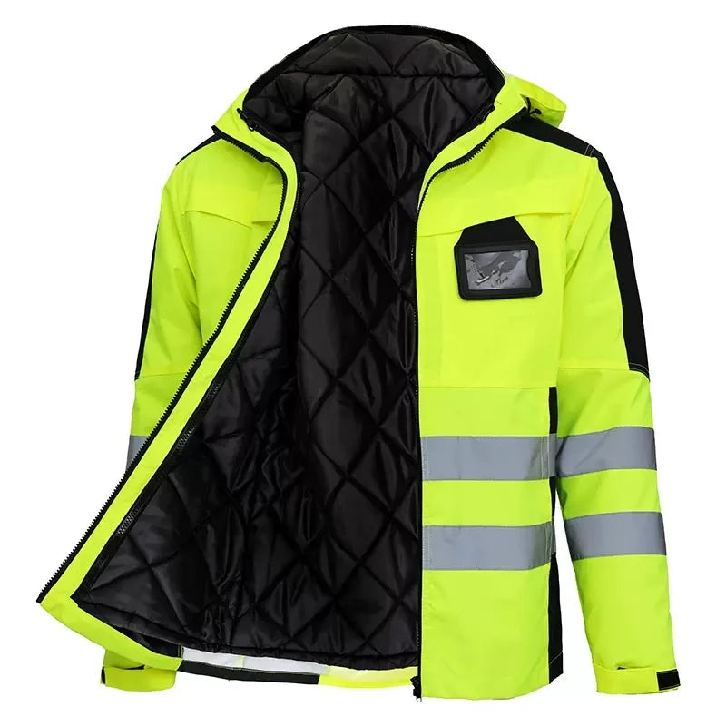 High-visibility jacket with black quilted lining and reflective stripes on a white background