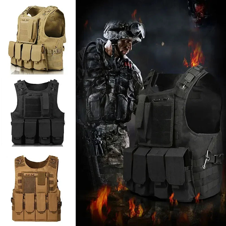 Tactical vests in black and beige with a soldier in camouflage gear on fire-themed background