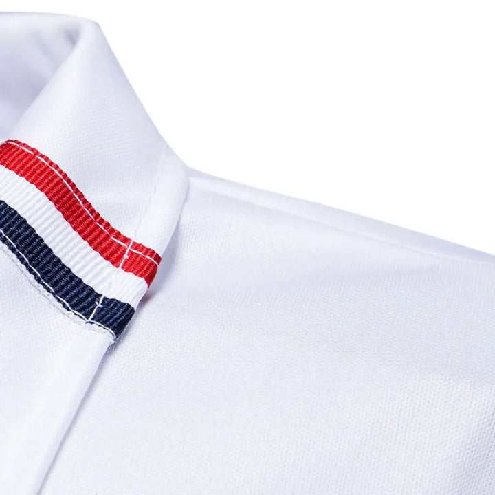 Close-up of a white collar polo shirt