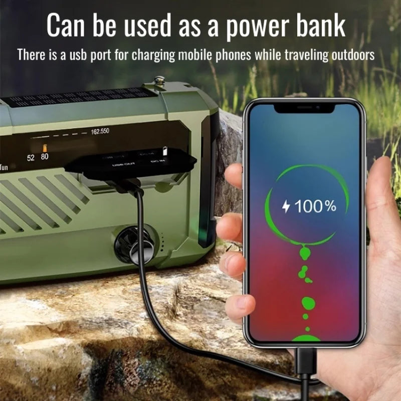 Green power bank charging a smartphone outdoors with text indicating it can be used as a power bank.