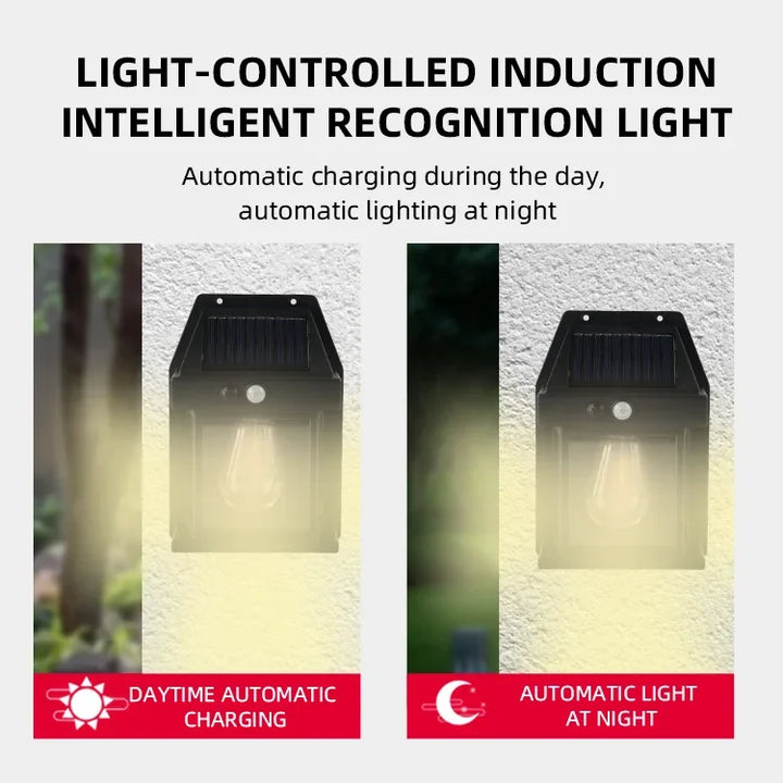 Solar light mounted near front door with glowing LEDs