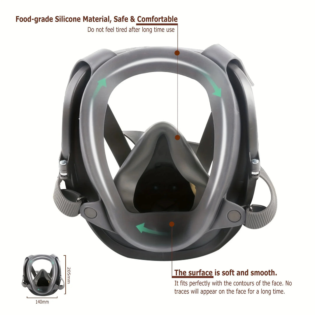 Gray diving mask with text highlighting safety and comfort features on a white background