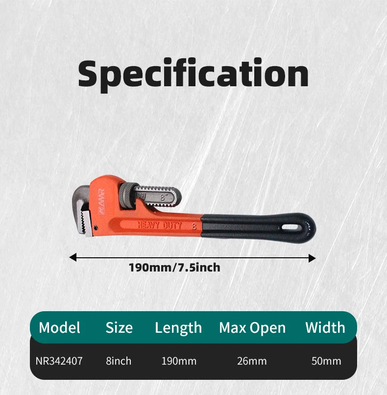 Pipe wrench with specifications on a gray background