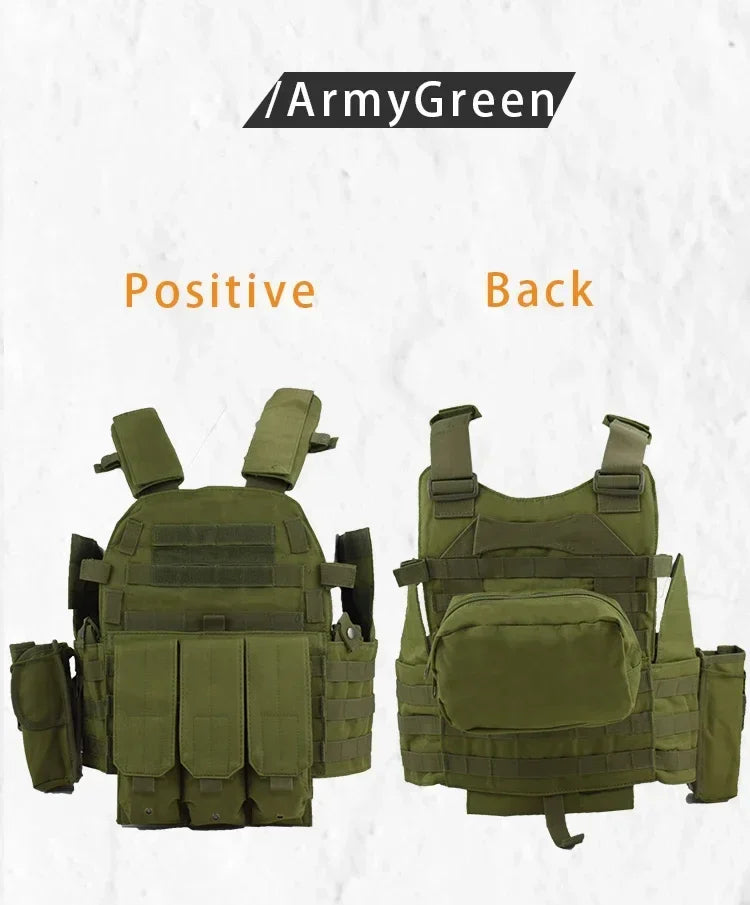 Green tactical vest shown from front and back on a white background with 'ArmyGreen' label.