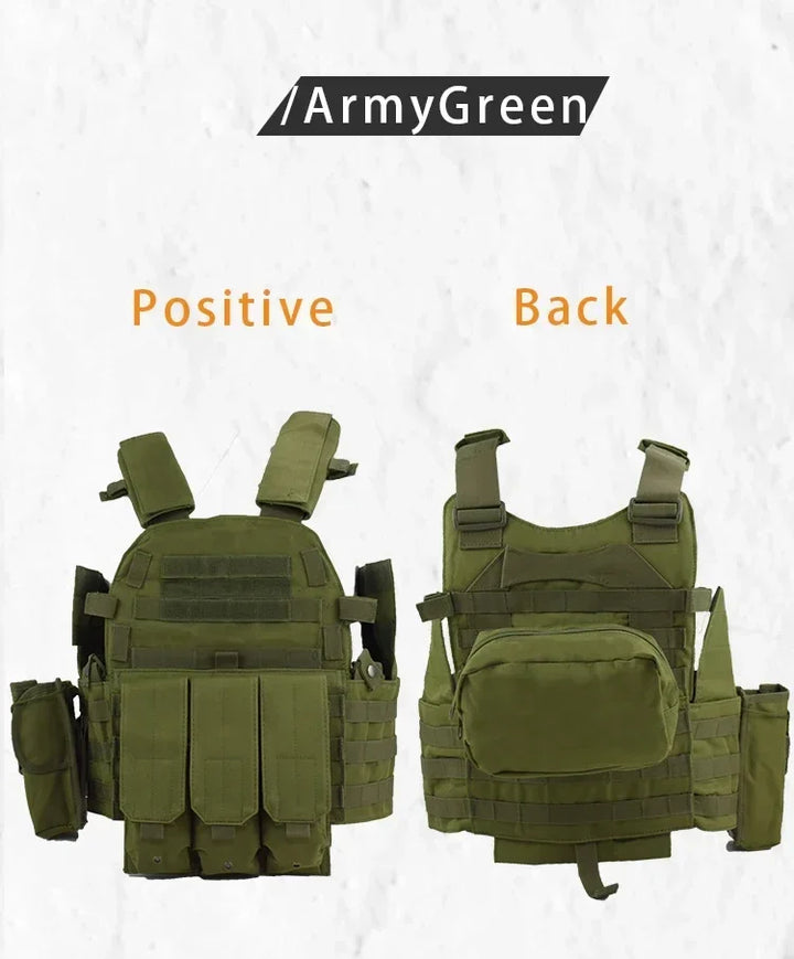 Green tactical vest shown from front and back on a white background with 'ArmyGreen' label.