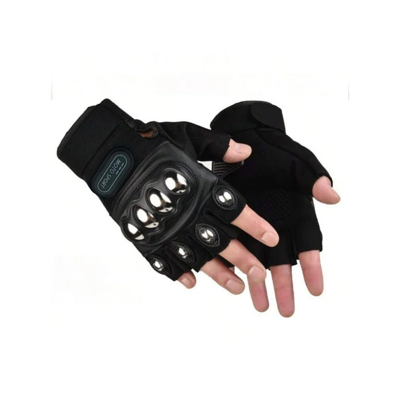 Black half-finger gloves with metallic accents on a white background