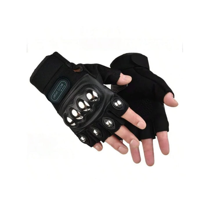 Black half-finger gloves with metallic accents on a white background