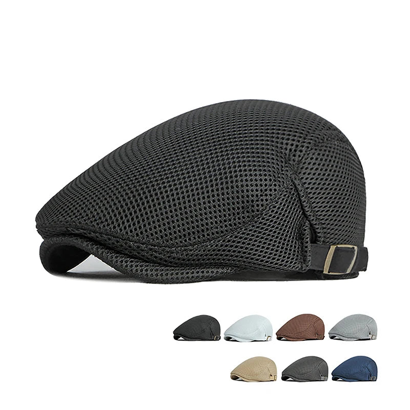 1Pc Mens Casual Hat Berets Caps For Spring Summer Autumn Flat Cap Breathable Mesh Cap Flat Peaked Beret Hats Golf Hat product image showing features or usage