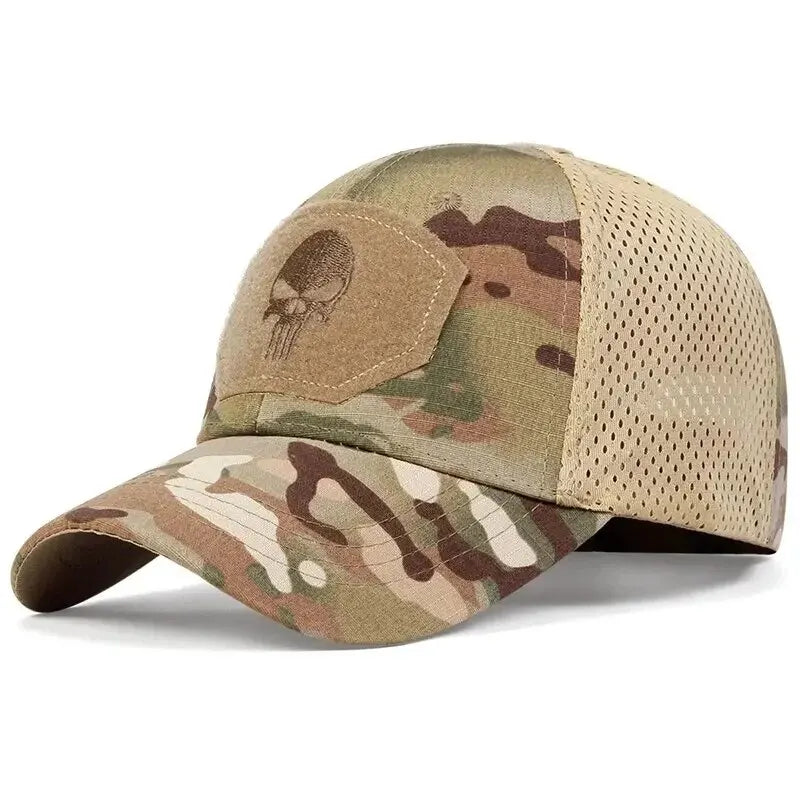 Camouflage baseball cap with mesh back on a white background