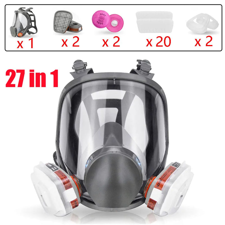 Full-face safety mask with multiple filter cartridges on a white background